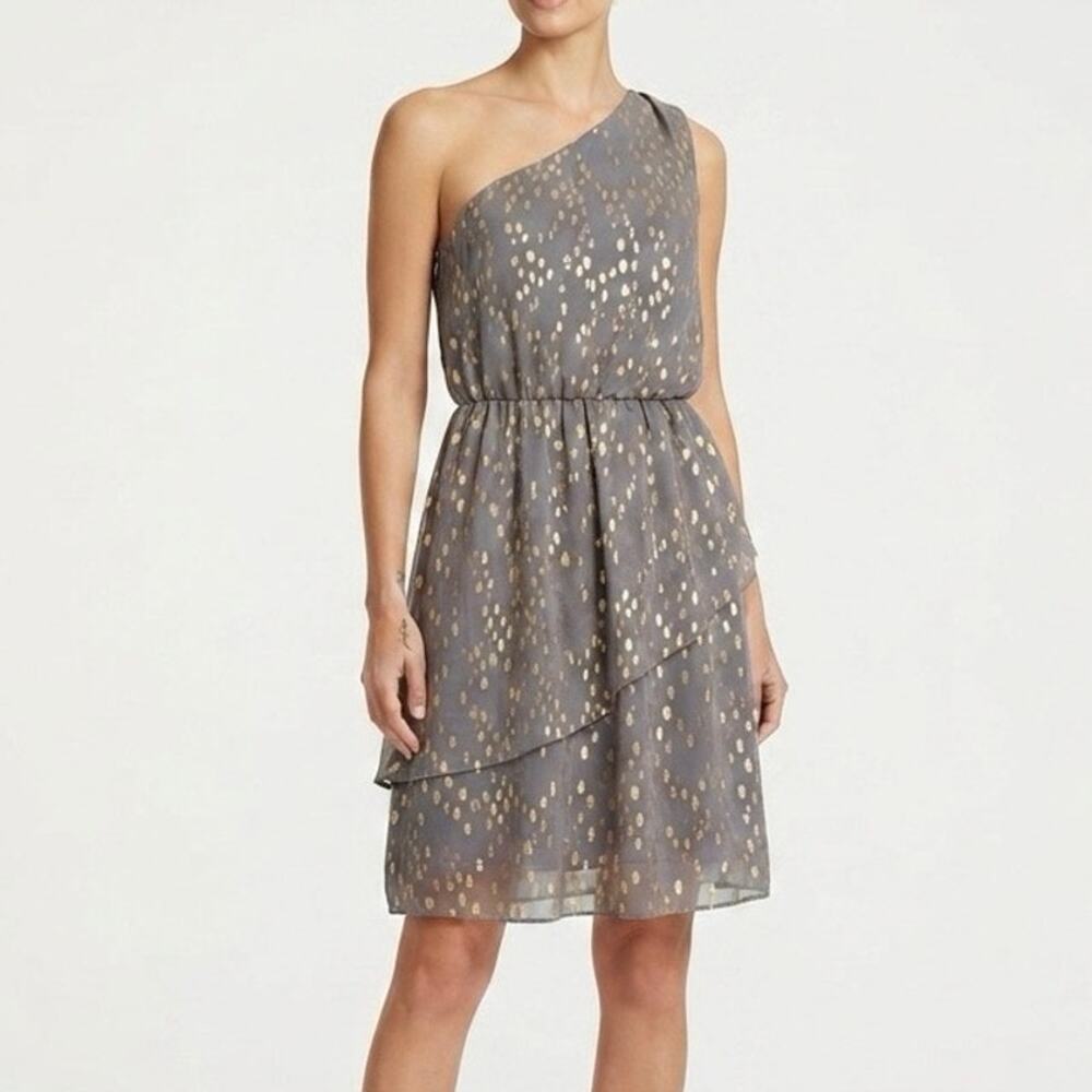 BCBGeneration Taupe Grey Gold One Shoulder Ruffled Cocktail Party Dress Size 8